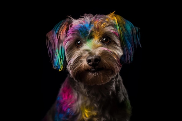 Un chien avec des couleurs arc-en-ciel colorées sur son visage