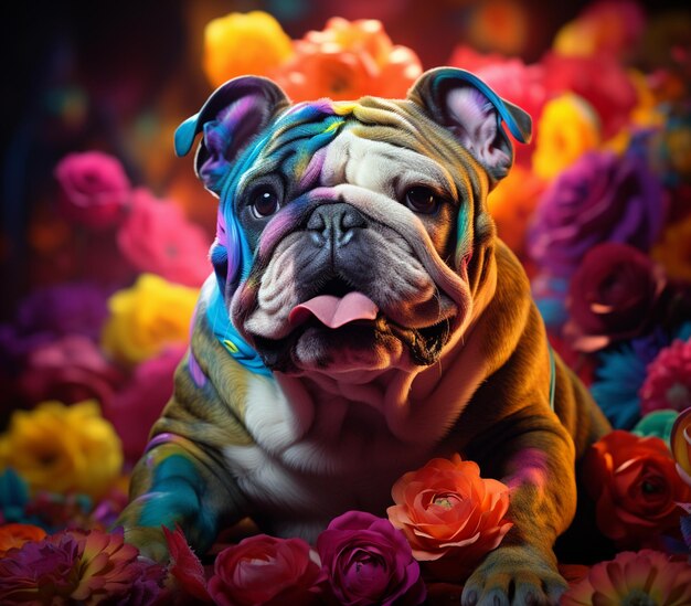 Photo un chien de couleurs vives couché dans un lit de fleurs avec sa langue en dehors de la génération ai