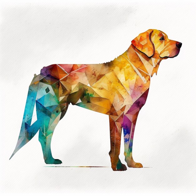 Photo chien de couleurs vives debout sur un fond blanc avec un faible poly art génératif ai