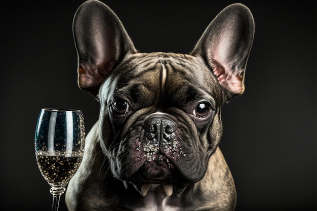 Un chien avec une coupe de champagne