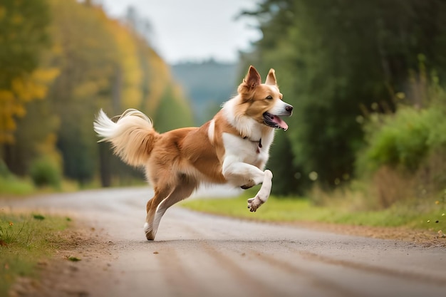 Un chien courant sur une route avec une laisse dans la gueule.