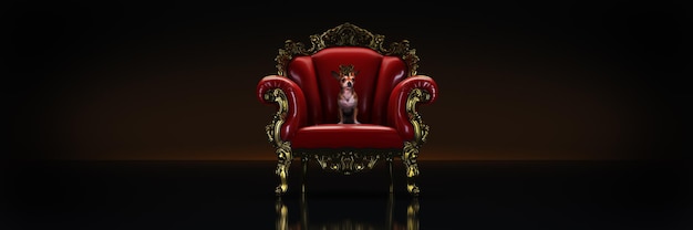 Photo chien avec couronne dans une chaise rendu 3d