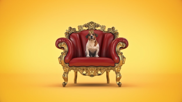 Chien avec couronne dans une chaise. rendu 3d