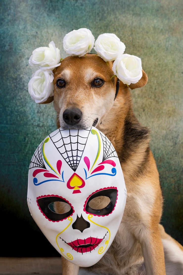 Photo chien avec une couronne de fleurs sur la tête et le crâne pour le jour des morts