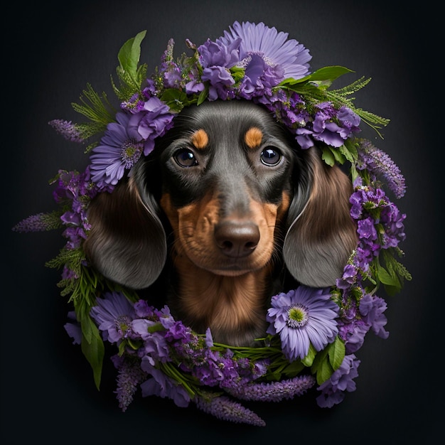 Un chien avec une couronne de fleurs violettes dessus