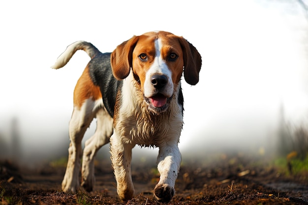 un chien court dans la boue avec sa langue dehors