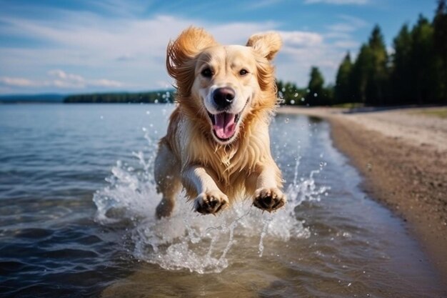 un chien court dans l'eau et court dans leau