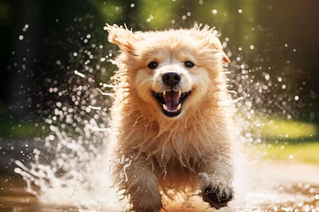 Un chien court dans l'eau la langue tirée.