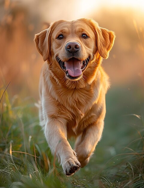 un chien court dans l'herbe avec le soleil derrière lui