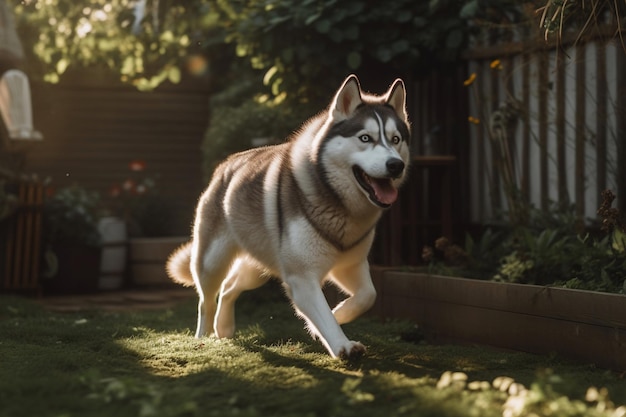 Un chien court dans le jardin avec le soleil qui brille sur son visage.