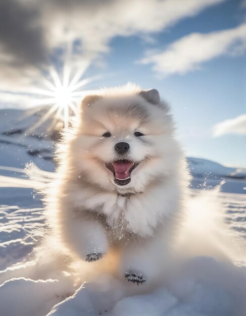 Un chien court dans la neige avec le soleil derrière lui