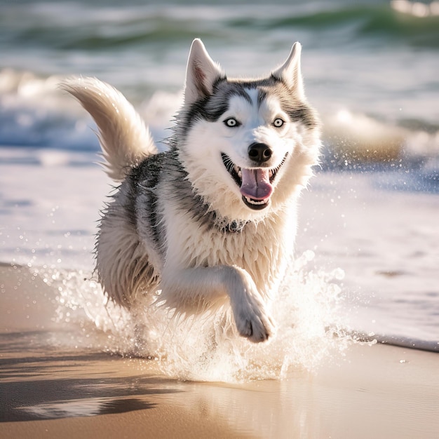 Un chien court dans le sable avec l'eau en arrière-plan.
