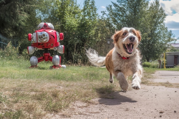 Un chien court joyeusement aux côtés d'un compagnon robot créé avec une IA générative