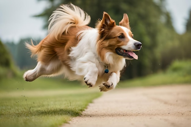 Un chien court la langue tirée.