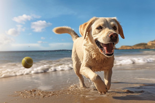 Un chien court sur la plage avec une balle dans la gueule.