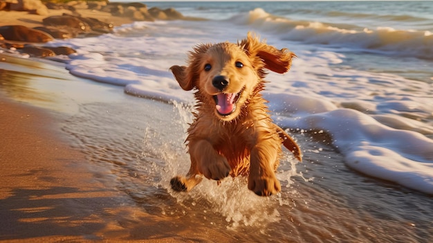 Un chien court sur la plage