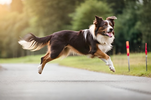 Un chien court sur une route avec un panneau qui dit "chien".