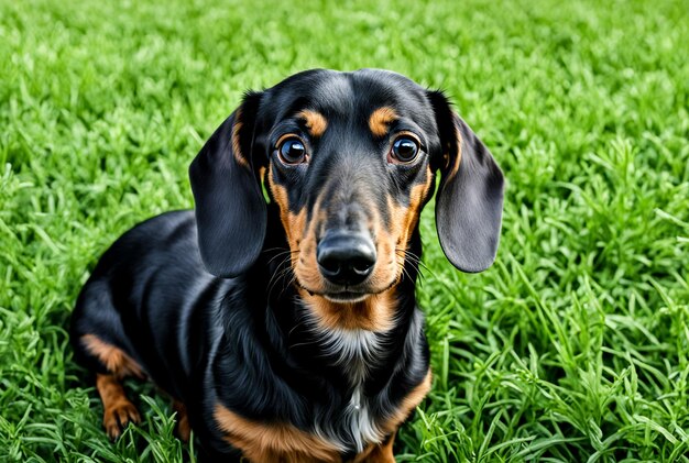 Photo un chien de dachshund âgé se reposant dans l'herbe verte regardant la caméra un vieux dachshind avec un regard sincère