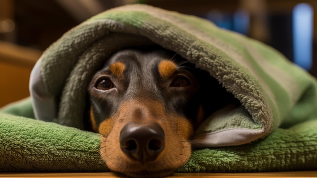 Photo un chien dachshund est allongé sur le sol sous une couverture