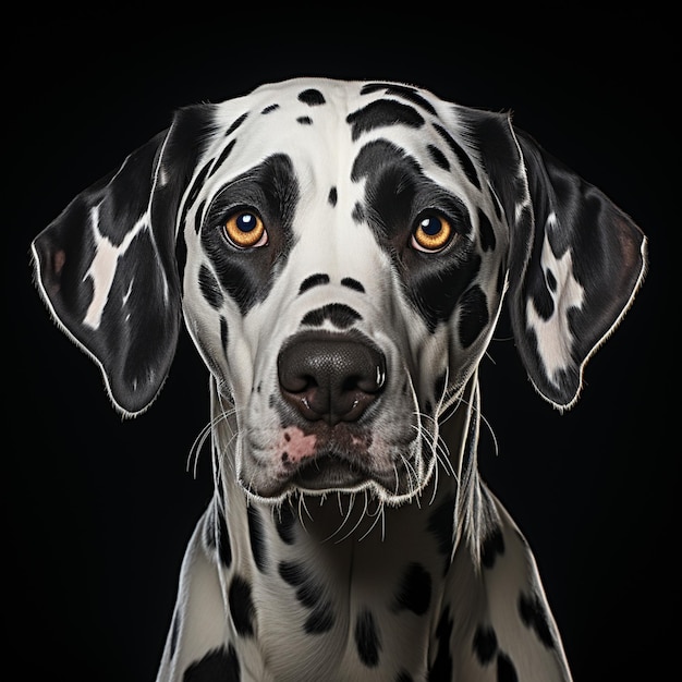 chien dalmatien aux yeux jaunes regardant la caméra avec un fond noir