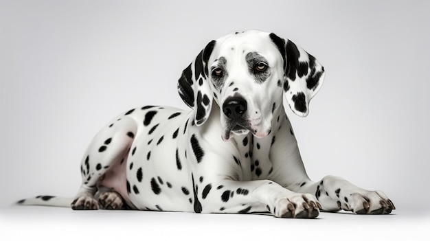 Un chien dalmatien blanc et noir allongé.