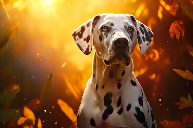 Photo un chien dalmatien entouré de feuilles