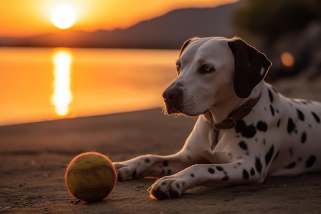 Un chien dalmatien est allongé sur le sol avec une balle devant lui