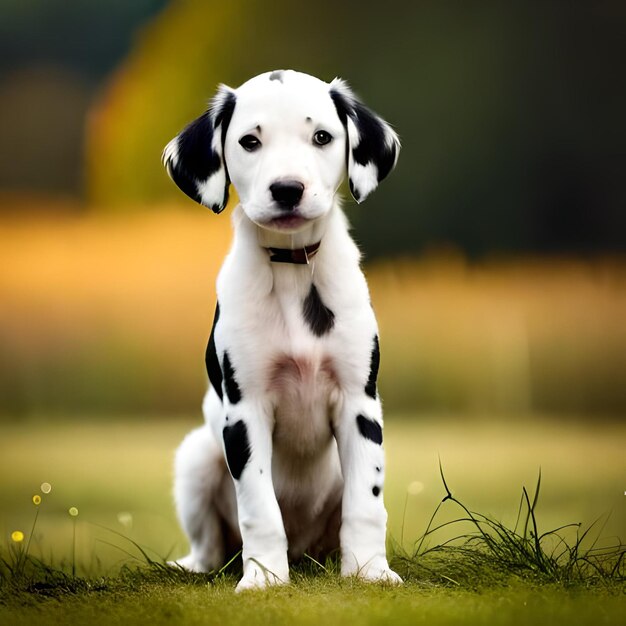 Un chien dalmatien est assis dans un champ avec des fleurs jaunes en arrière-plan.