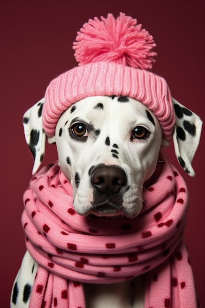 Chien dalmatien de Noël portant un bandeau en bois et une écharpe confortable isolée sur un fond dégradé