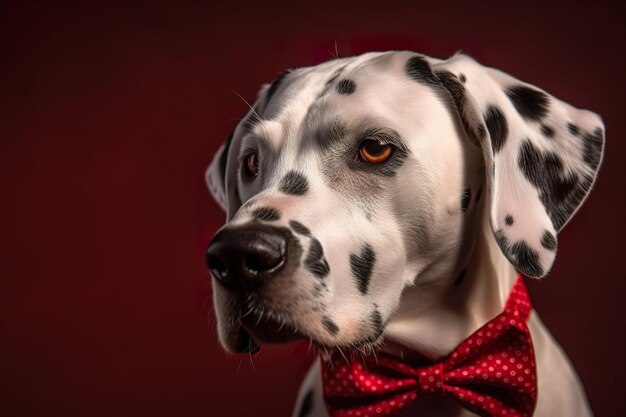 Un chien dalmatien avec un noeud papillon rouge dessus