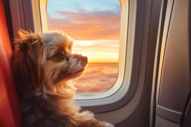 Un chien dans un avion près d'une fenêtre au coucher du soleil