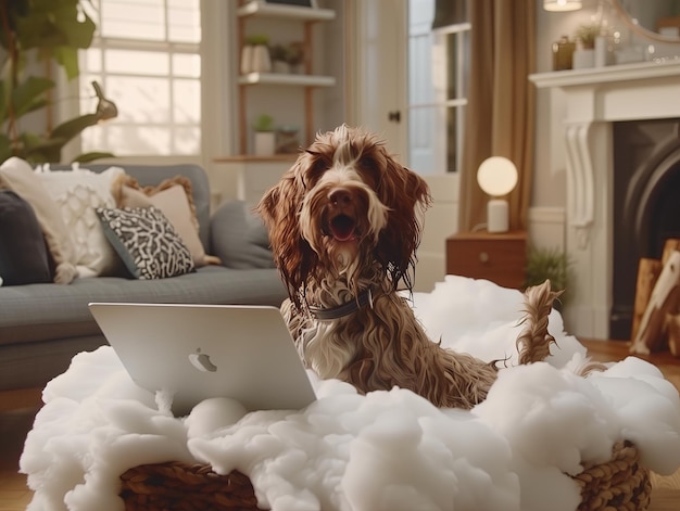 chien dans un bain de mousse dans un intérieur moderne