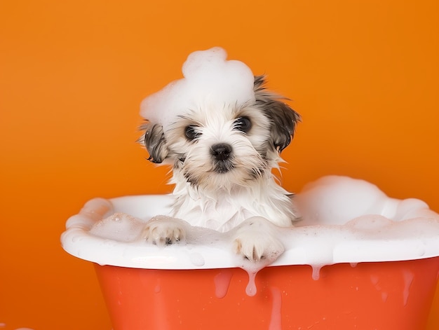 chien dans un bain de mousse sur un fond de couleur