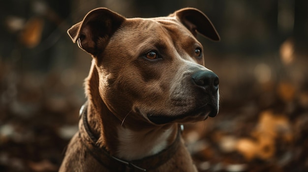 Un chien dans les bois avec le mot pitbull sur le devant