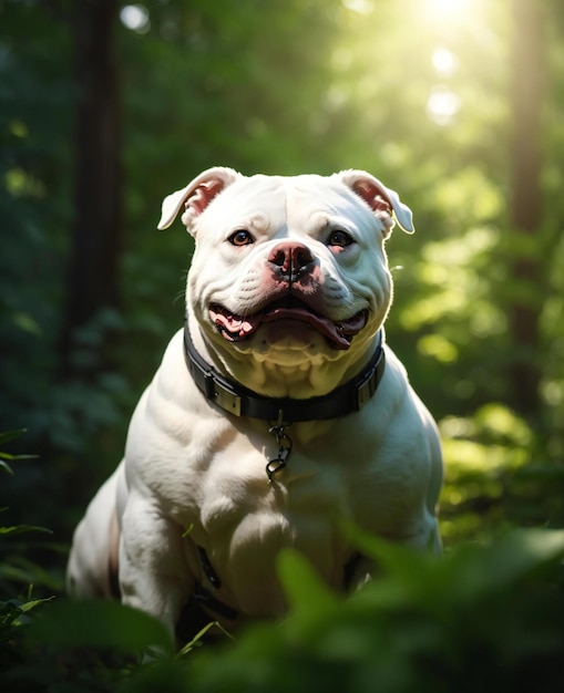 Un chien dans les bois avec le soleil qui brille à travers les arbres