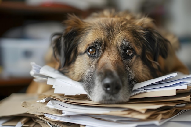 Un chien dans un bureau submergé par des montagnes de papiers.