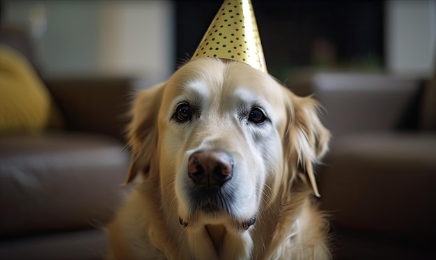 Chien dans une casquette festive lors d'une fête d'anniversaire IA générative