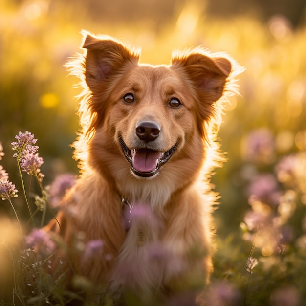 Un chien dans un champ de fleurs à fond jaune.