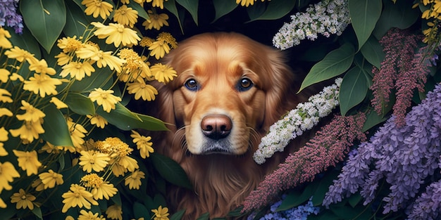 Chien dans un champ de fleurs générative ai