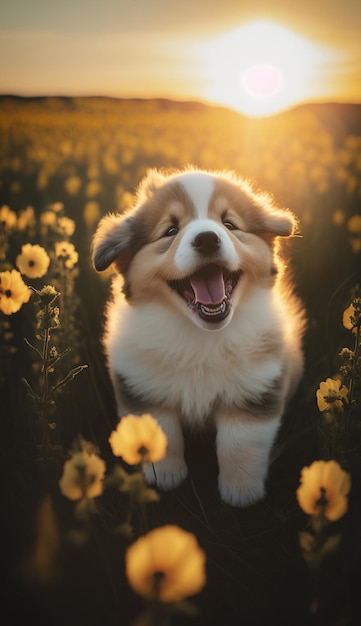 Un chien dans un champ de fleurs avec le soleil qui brille dessus