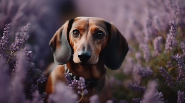 Un chien dans un champ de fleurs violettes