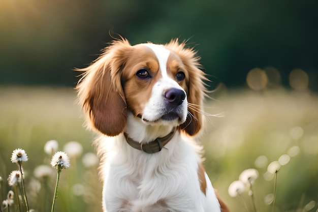 Un chien dans un champ de pissenlits