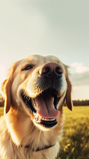 Un chien dans un champ avec le soleil qui brille sur son visage