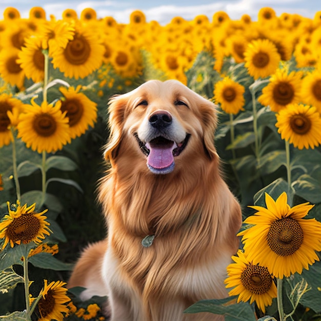 Chien dans un champ de tournesols générative ai