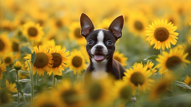 Un chien dans un champ de tournesols