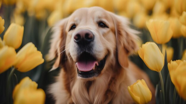 Un chien dans un champ de tulipes