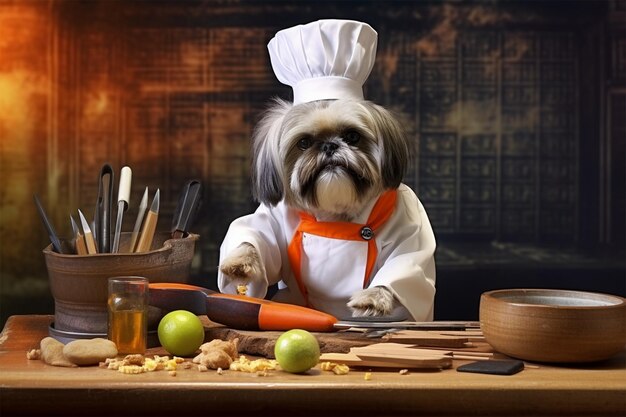 Photo un chien dans un chapeau de chef est assis sur un comptoir dans une cuisine