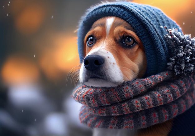 Chien dans un chapeau et une écharpe en hiver à l'extérieur