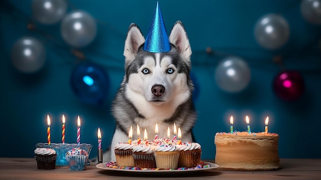 Un chien dans un chapeau de fête bleu est assis derrière une table avec des cupcakes et des bougies.