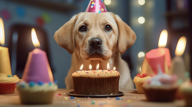 Un chien dans un chapeau de fête avec un gâteau d'anniversaire dessus